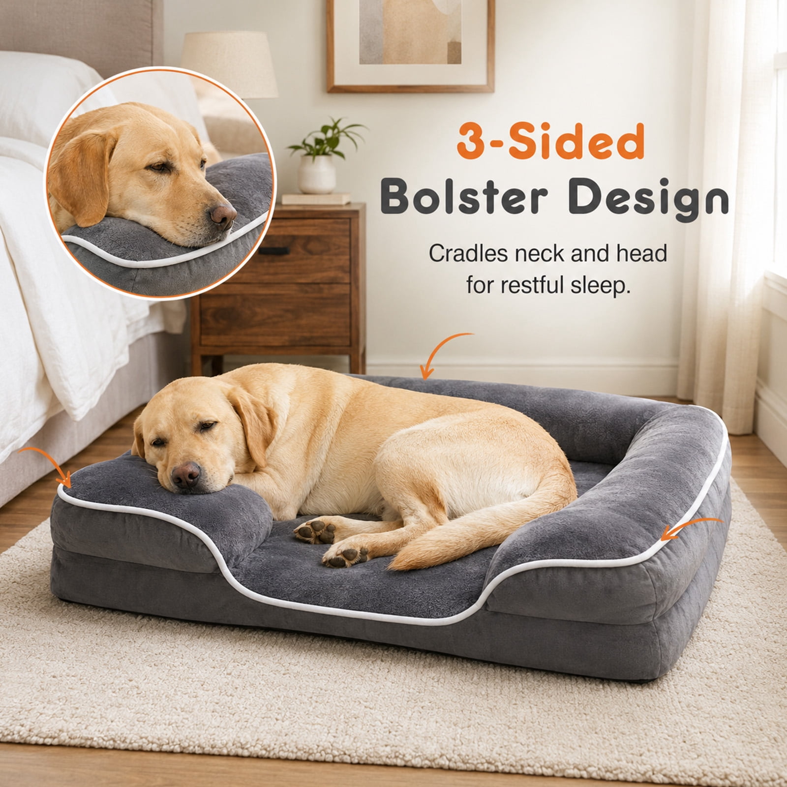 Alvantor L/XL Orthopedic Dog Bed for Extra Large Dogs & Cats with Washable Removable Cover Non-Slip Base Waterproof Liner, Pet Bed with Sides