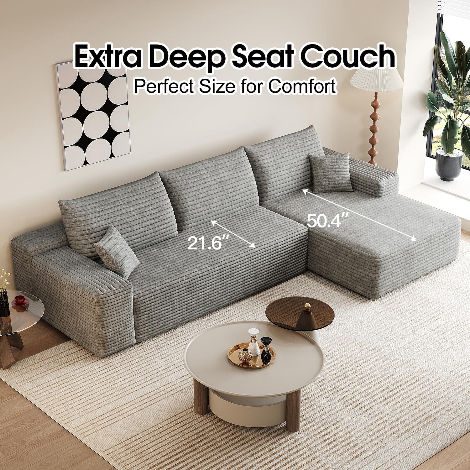 Sailvan 107" Cloud Sectional Couch, Cloudy Sofa with L-Shape Chaise, Upholstered Couches for Living Room & Bedroom, No Assembly Required, Plush Corduroy Fabric, Gray