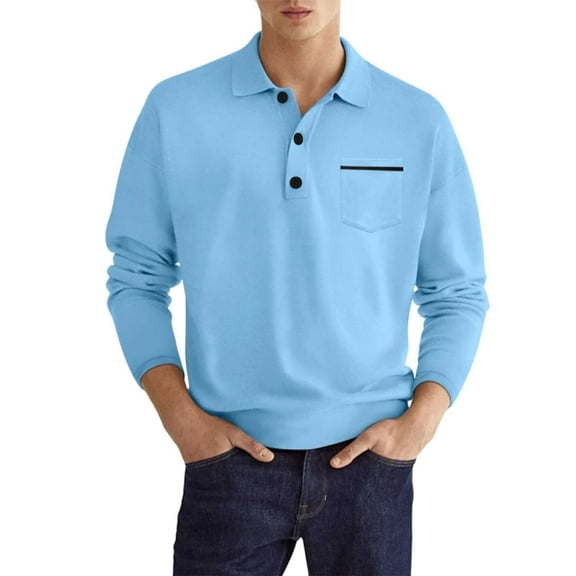 WREESH Men's Pullover Casual Solid Turndown Pullover Button Fashion Long Sleeve Shirt Blue