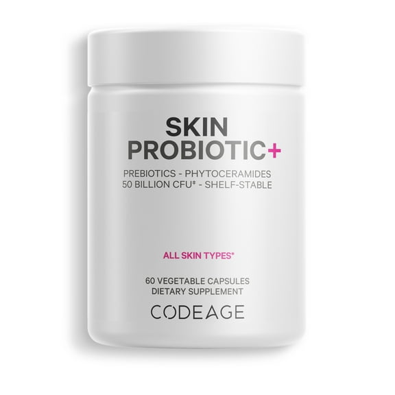 Codeage Skin Probiotics 50 Billion CFU & Prebiotics, Skin Ayurvedic Botanical Herbs, Shelf-Stable, 60 ct