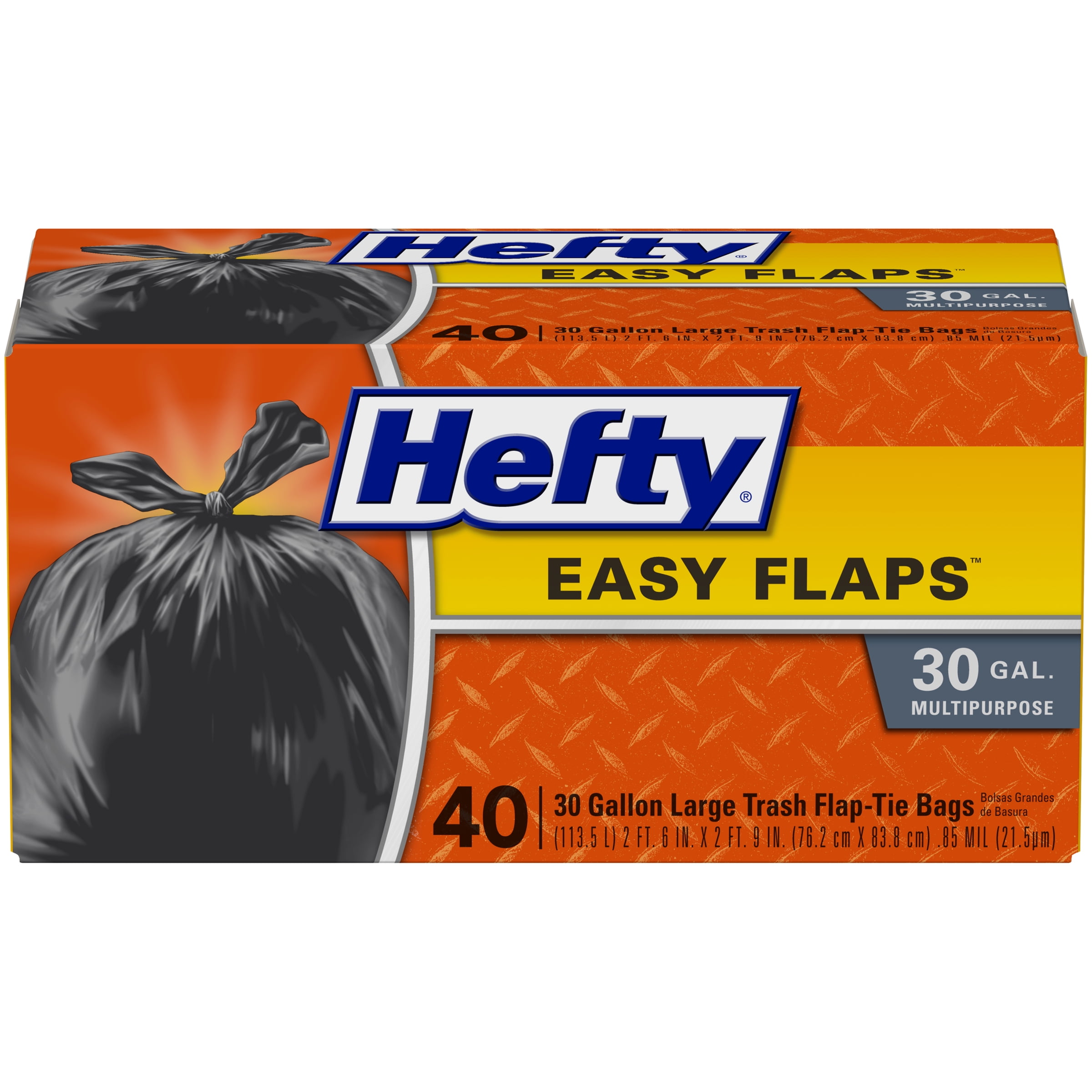 Hefty Easy Flaps Multipurpose Large Trash Bags, Unscented, 30 Gallon