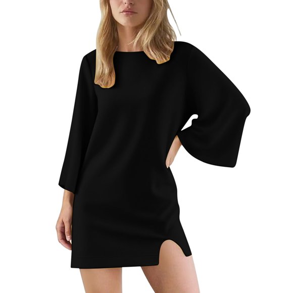 Lovzfmll Women's Long Sleeve Lapel V-Neck Sportswear Loose Solid Color Dress Black, XL