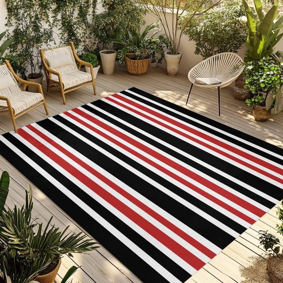 Black Red Striped Outdoor Rug 5x8 Ft - Reversible Patio Rug Outdoor Camping Rugs, Horizontal Lines Simple Minimalist Washable Indoor Outdoor Area Rugs, Non-Slip Outdoor Carpet Runner for Deck/Porch