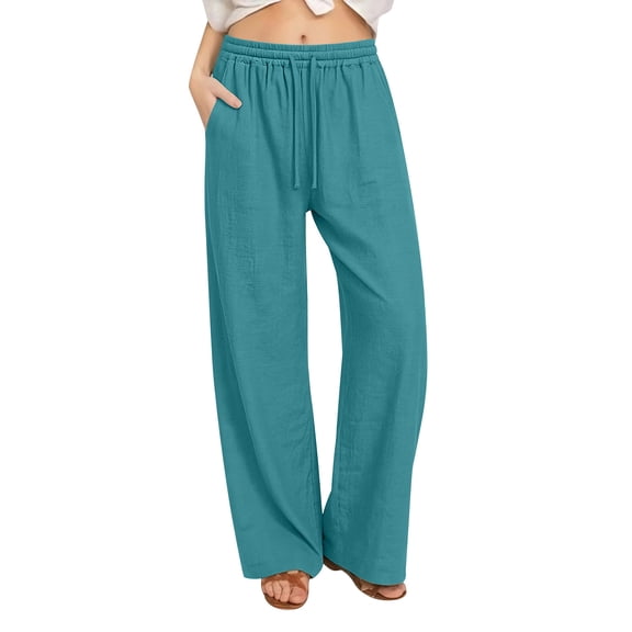 Oplxuo Womens Wide Leg Pants Flowy Cotton Linen Palazzo Pant Lightweight Drawstring Elastic Waist Lounge Trousers with Pockets