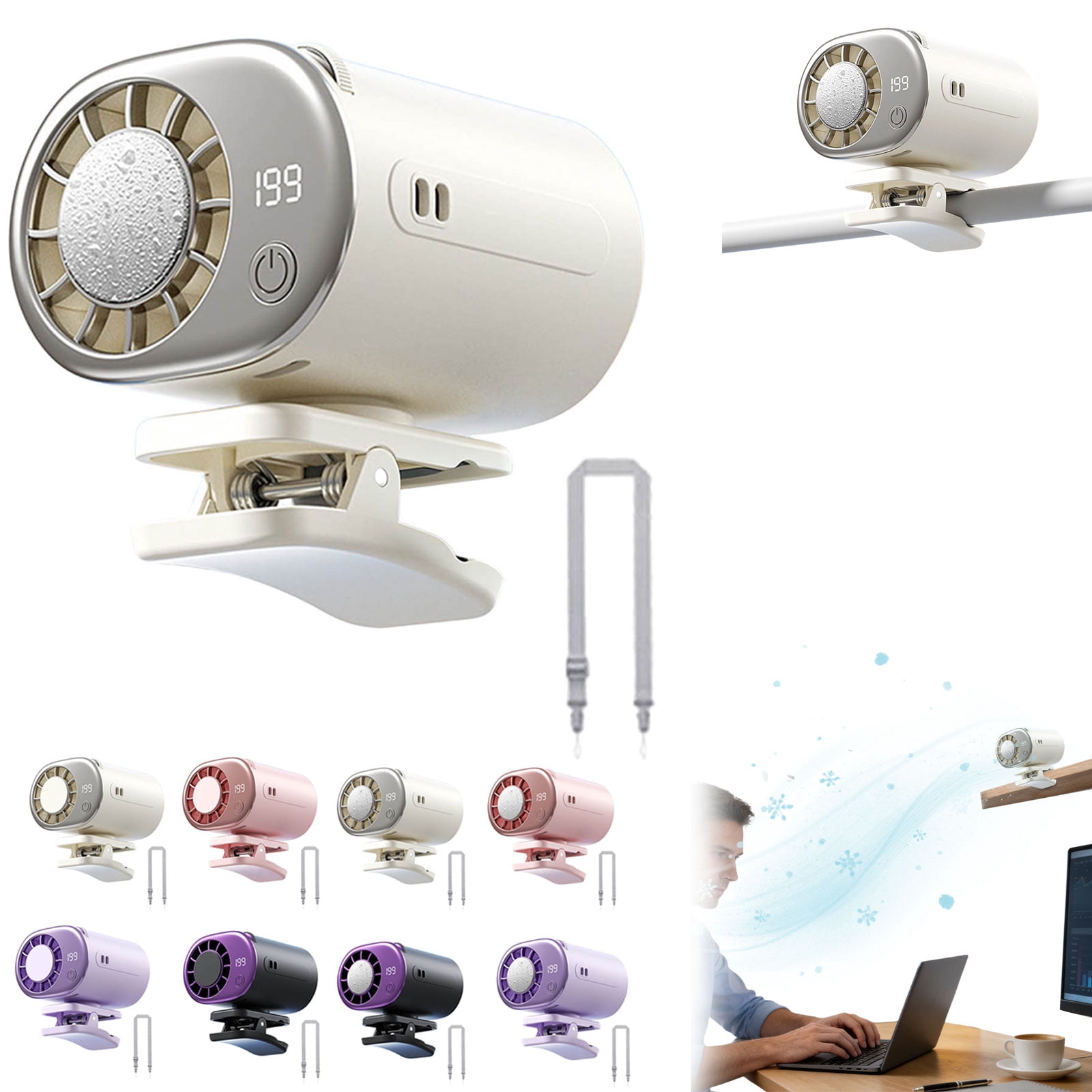 2026 Car Clip On Air Conditioner Fan LED Display 360 Rotation 199 Speeds Adjustable USB Rechargeable