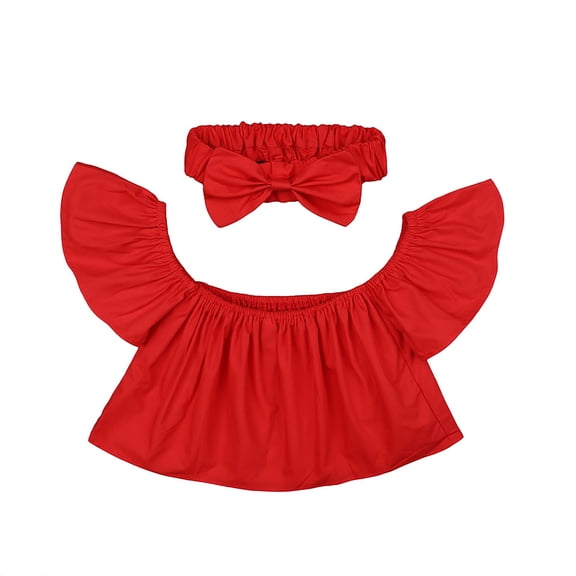 Toddler Kids Baby Girls Summer Casual Solid Color One Line Shoulder Short Sleeve Top Graphic Tee Toddler