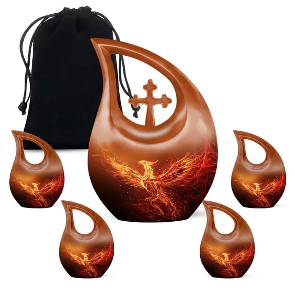 MUKTIVE Fire Phoenix Funeral Urn for Ashes Adult Male & Female, Combo Sets Cremation Urns for Human Ashes Adult Female (1 Large 10 ", 4 Keepsake 3 "), Human Cremains Containers for Mom & Dad