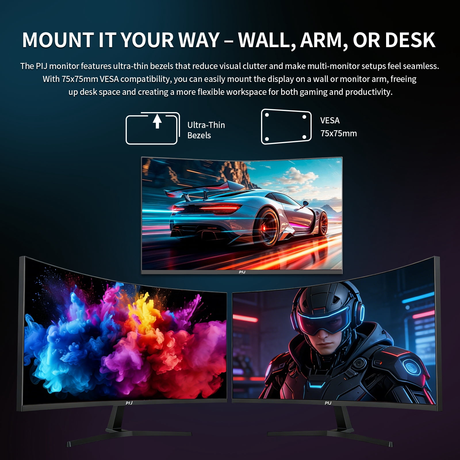 PIJ 27 inch Curved Gaming Monitor 250Hz, PC Computer Monitor Built-in Speakers for Home Office & Gaming, FHD 1080P, FreeSync, Eye Care, DP, HDMI, Wall Mountable