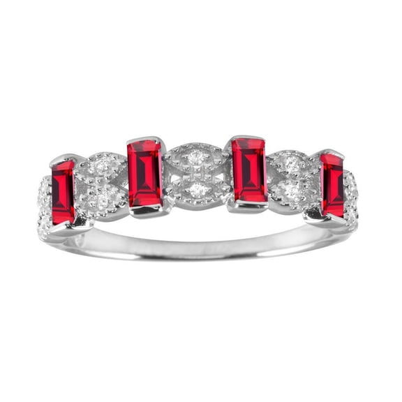 Polished Rhodium Plated 925 Sterling Silver Red Bar Link Ring Band CZ Jewelry Female Size 8