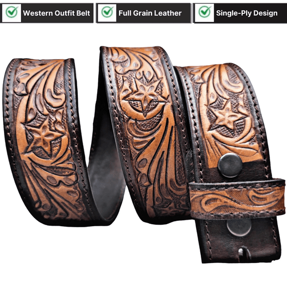 Western Leather Belt Without Buckle – Hand-Tooled Full-Grain Cowboy Belt Strap for Men’s & Women’s Casual Wear, Plus Sizes Available