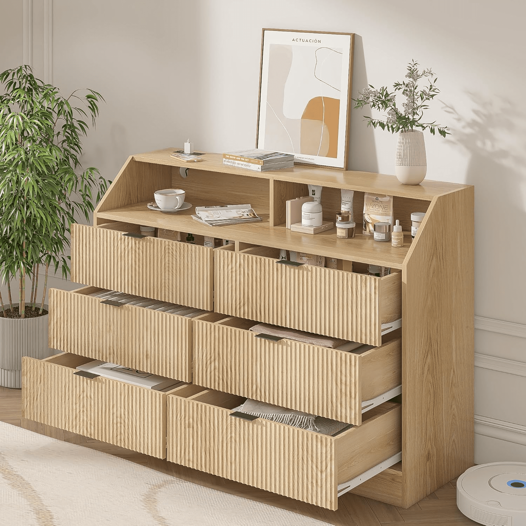 Oubayajia Modern 6 Drawer Dresser, Wood Chest of Drawers with Power Outlet for Living Room Bedroom