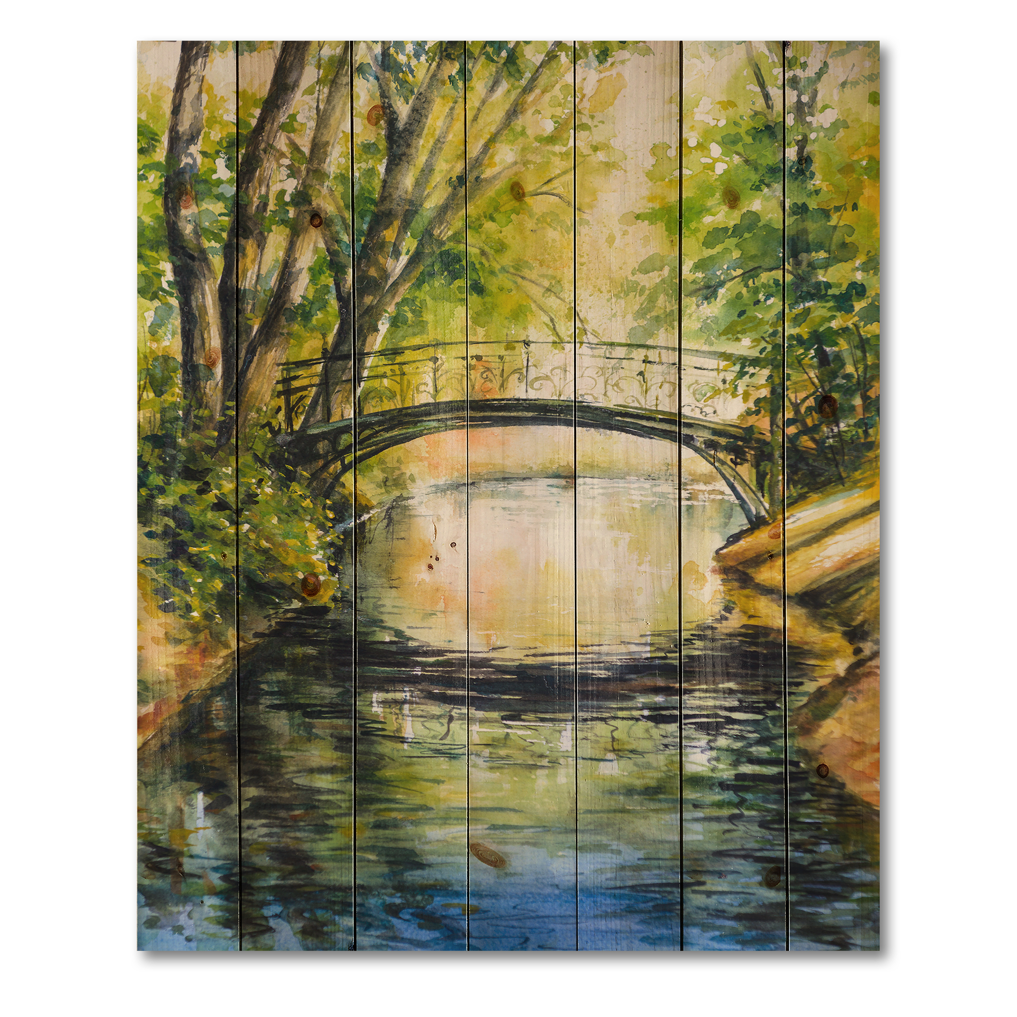 Designart 'Forest Park With Bridge Over Troubled Water' Lake House Print on Natural Pine Wood