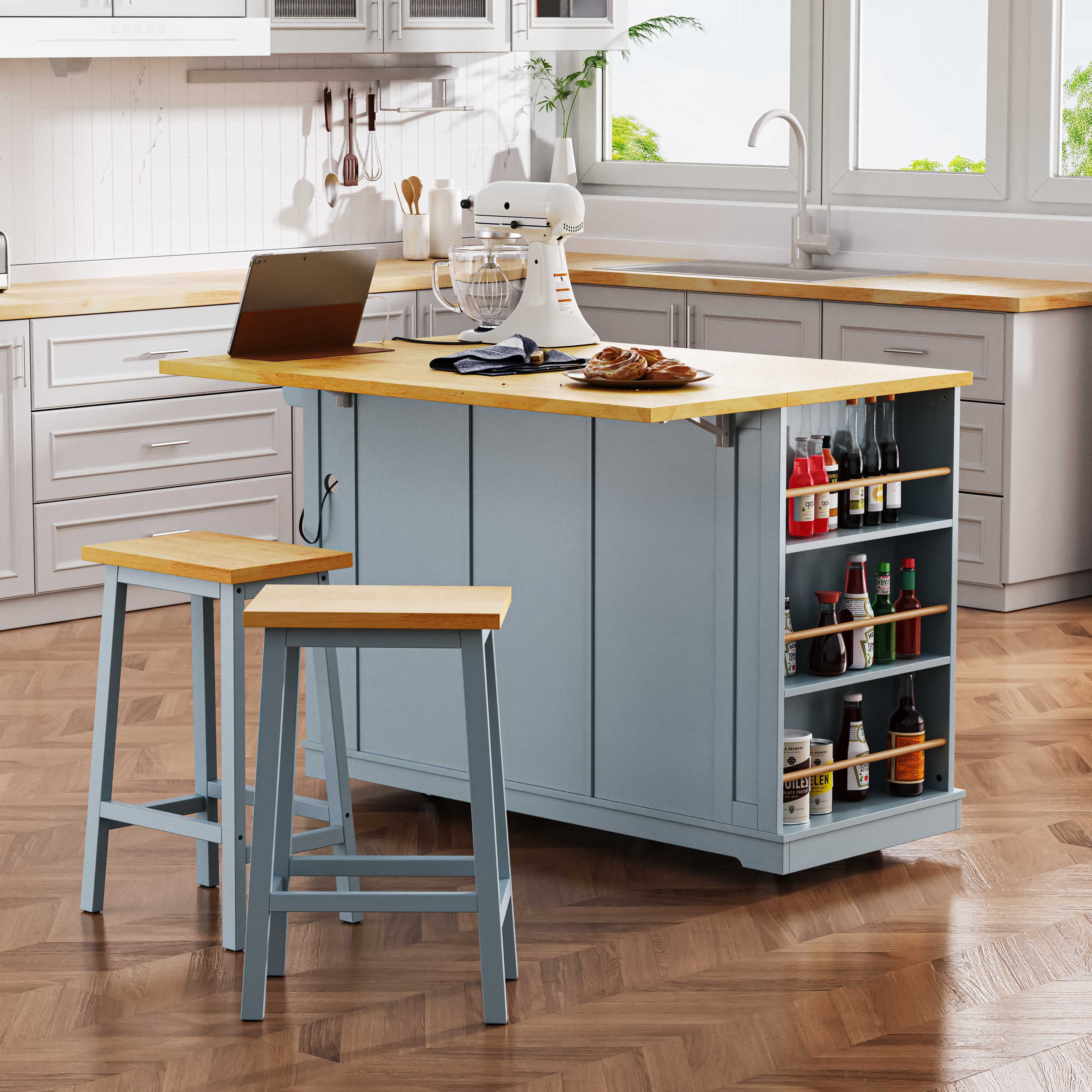 53" Island Table for Kitchen with Drop Leaf with 2 Bar Stools, Power Outlet, Kitchen Island With Seating, Rolling Kitchen Cart on 5 Wheels with 5 Open Side Racks