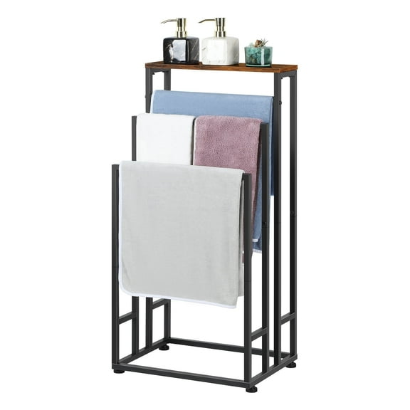 Floor Standing Towel Rack with Burnished Wood Top, Textured Black Iron Shelf with 2 Anti-Tip Straps - Sturdy Bathroom Ladder with Storage for Towels and Decor