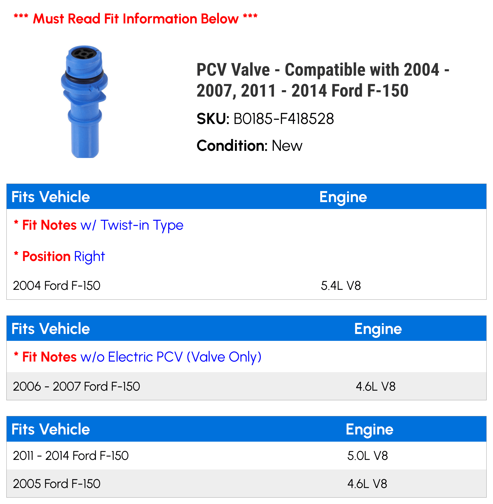 PCV Valve - Compatible with 2004 - 2007, 2011 - 2014 Ford F-150 2005 2006 2012 2013