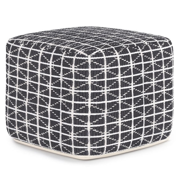 Simpli Home Noreen Boho Square Pouf in Slate Grey and White Handloom Woven Pattern