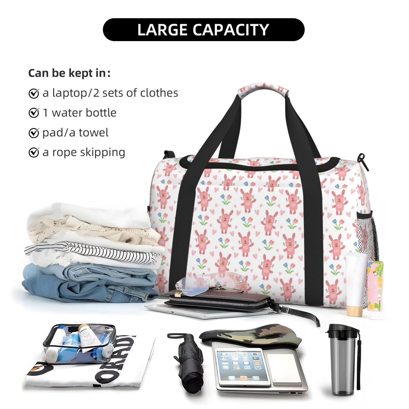Fuzoiu Hello Rabbit Print Travel Duffle Bag,Carry On Tote Bags,Duffel Bag,Sport Gym Bag, Hospital Bag for Labor and Delivery, Overnight Bag,Luggage Bag