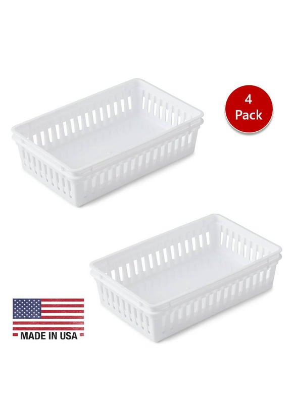 Tribello Plastic Bin Baskets for Organizing, White Storage Tray, Rectangle 9 x 6 x 2 - Pack of 4 - Made in USA