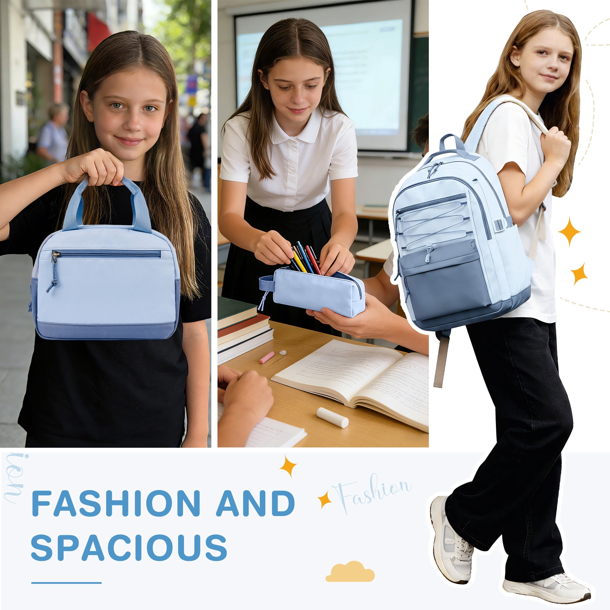 DAKIMOE 3 PCS School Backpacks for College Teens Cute Girlish Middle High School Bookbag Large Capacity Lightweight Waterproof Daypack for Students