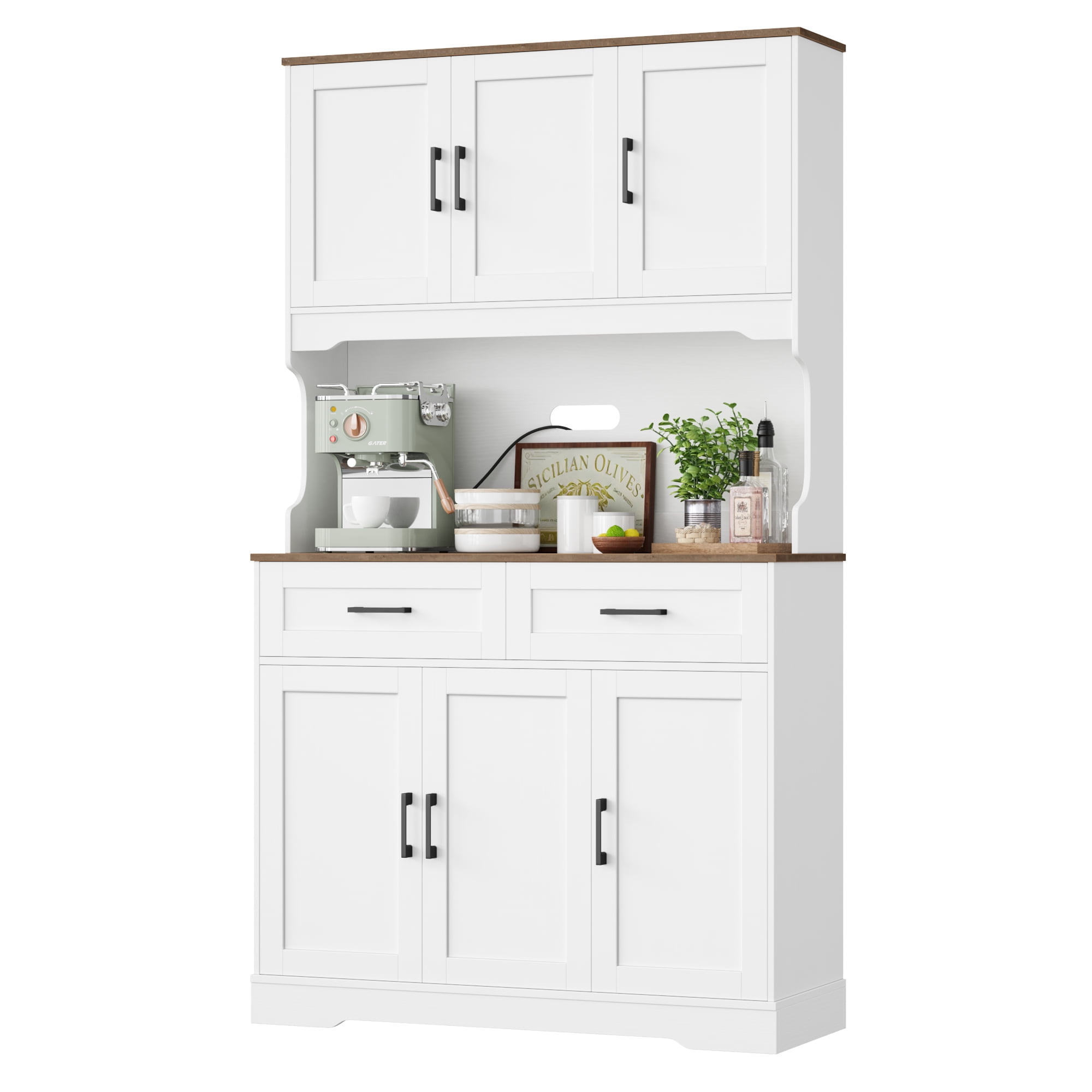 Homfa 74"H Pantry Cabinet with Hutch, Tall Kitchen Storage Cabinet with Microwave Stand and Drawers for Living Room, Dining Room, White