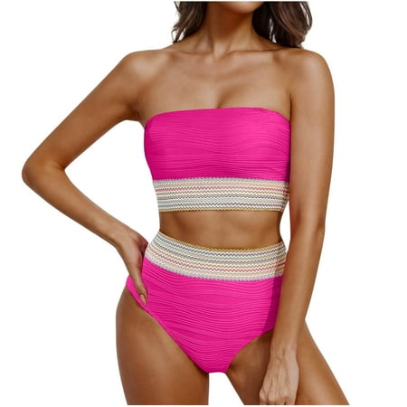 Women s 2 Pieces Bandeau Bikini Color Block Swimsuits 2025 Summer Off Shoulder High Waisted Strapless Bathing Suit Hot Pink S Clearance
