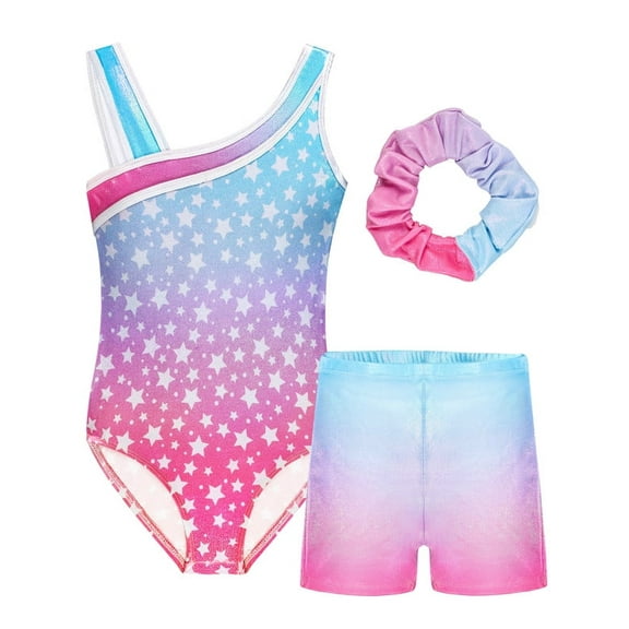 Girls Glitter Gymnastics Leotard, Ballet Dance Unitard Biketard with Shorts & Hairband Kids Activewear