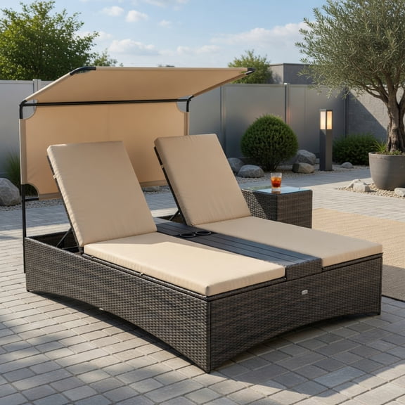 2-Person Outdoor Daybed with 4-Position Adjustable Backrest, PE Rattan Patio Lounger with Cushions, Brown Wicker Garden Bed for Poolside, Patio & Deck