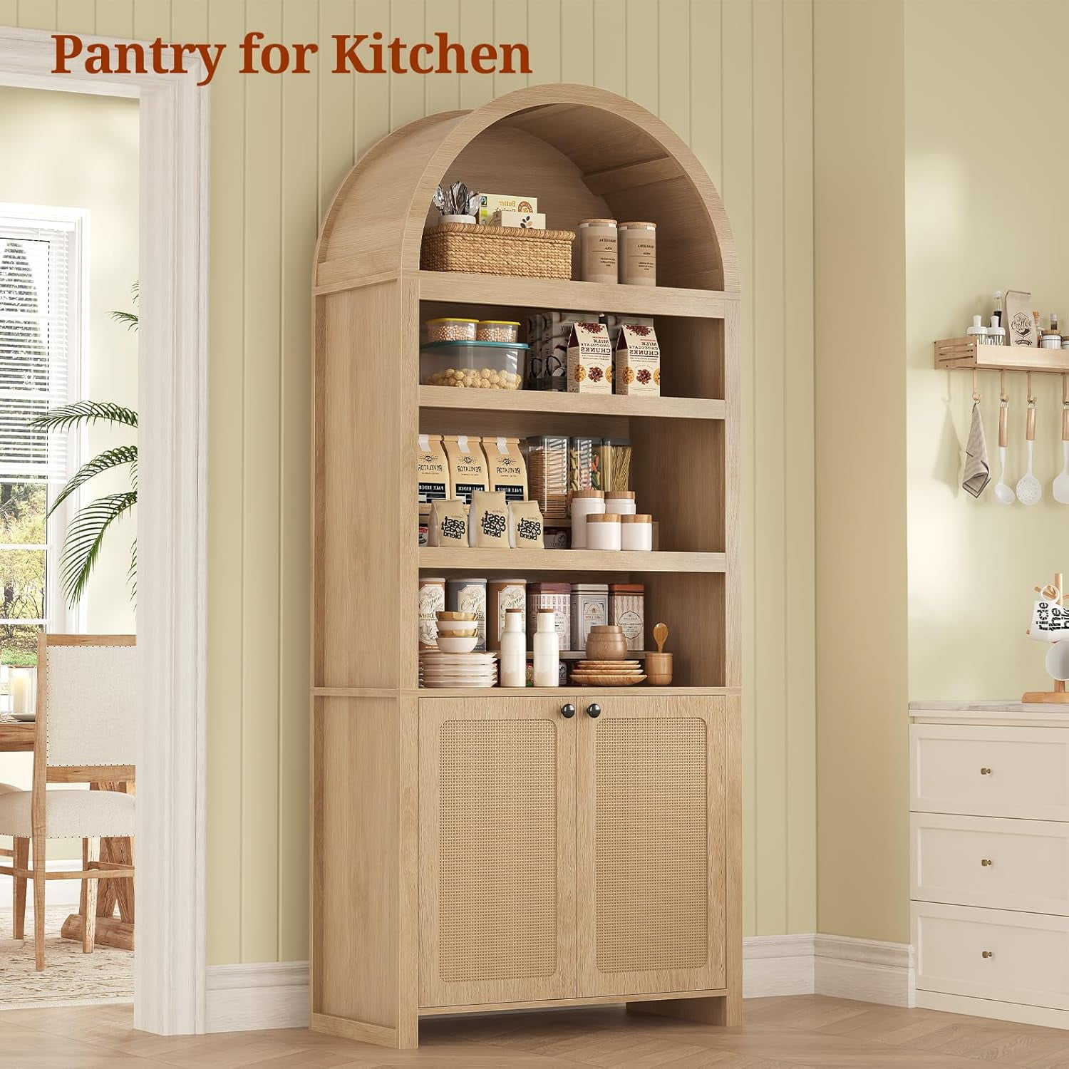 81" Tall Arched Kitchen Pantry Storage Cabinet, 6-Tier Bookcase with 2 Doors for Living Room, Kitchen, Home Office, Oak