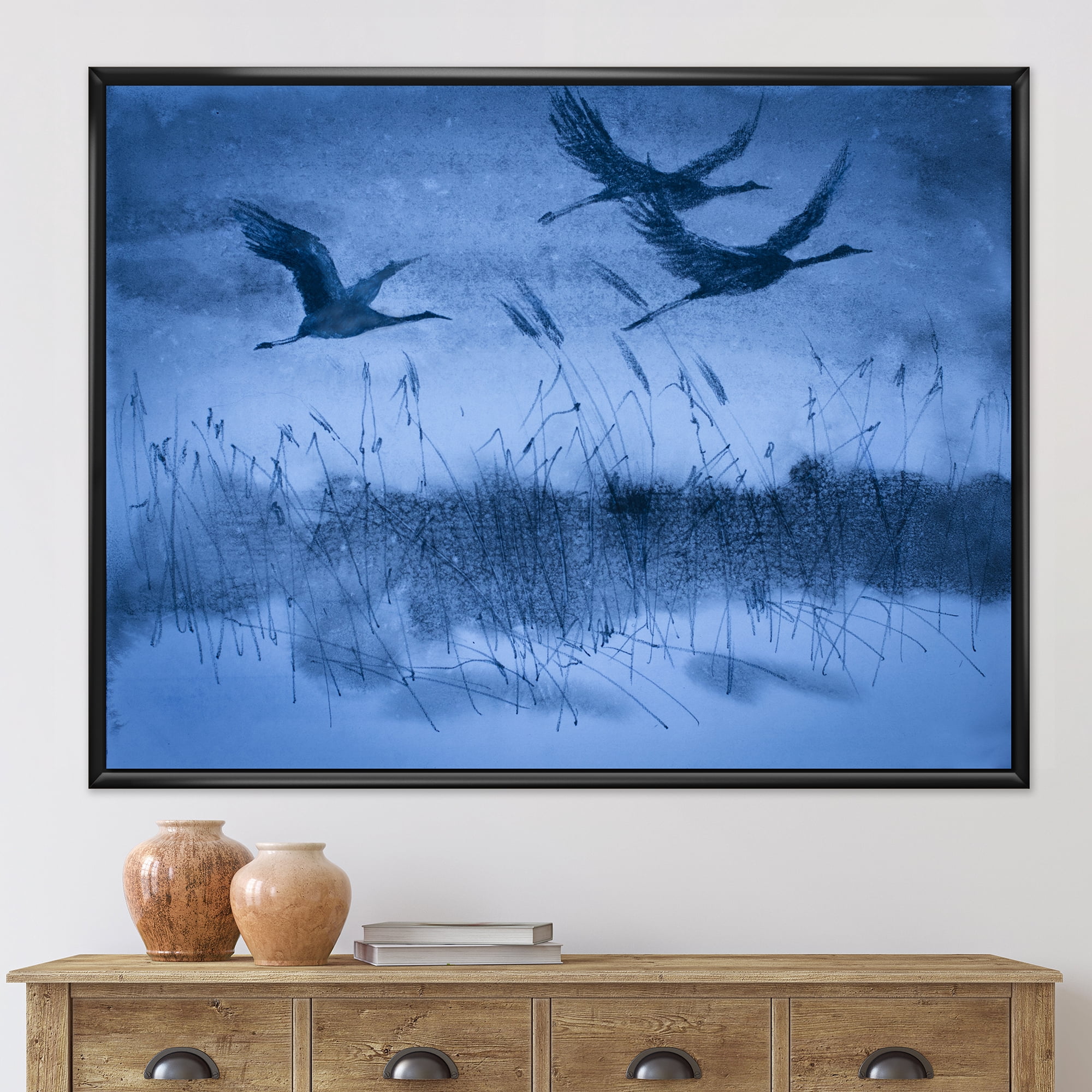 Designart 'Cranes In Flight During Blue Evening Light' Traditional Framed Canvas Wall Art Print