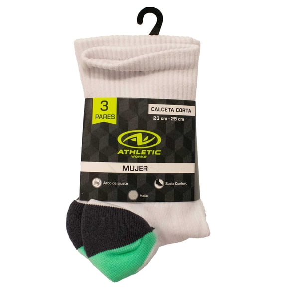 Calceta Deportiva Athelic Works para Mujer, Tipo Mid Crew de Nylon Punta Talón Half Cushion Multicolor 3 Pares Unitalla