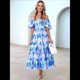 thumbnail image 5 of Vestido Midi Informal de Verano para Mujer, de Corta, Abullonado, con Cuello Cuadrado y Volantes Escalonados Flores Azul L, 5 of 7
