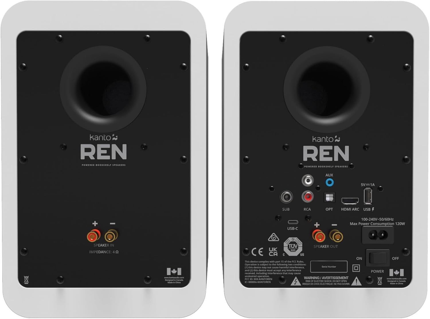 Kanto REN MW Bluetooth Powered Bookshelf Speakers - Matte White Pair with Kanto SP26PLW 26" Fixed-Height Stands for Bookshelf Speakers - White Pair (2024)