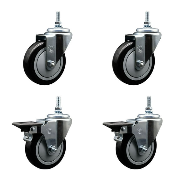 4 Inch Black Polyurethane 3/8 Inch Threaded Stem Caster Set 2 Brakes SCC
