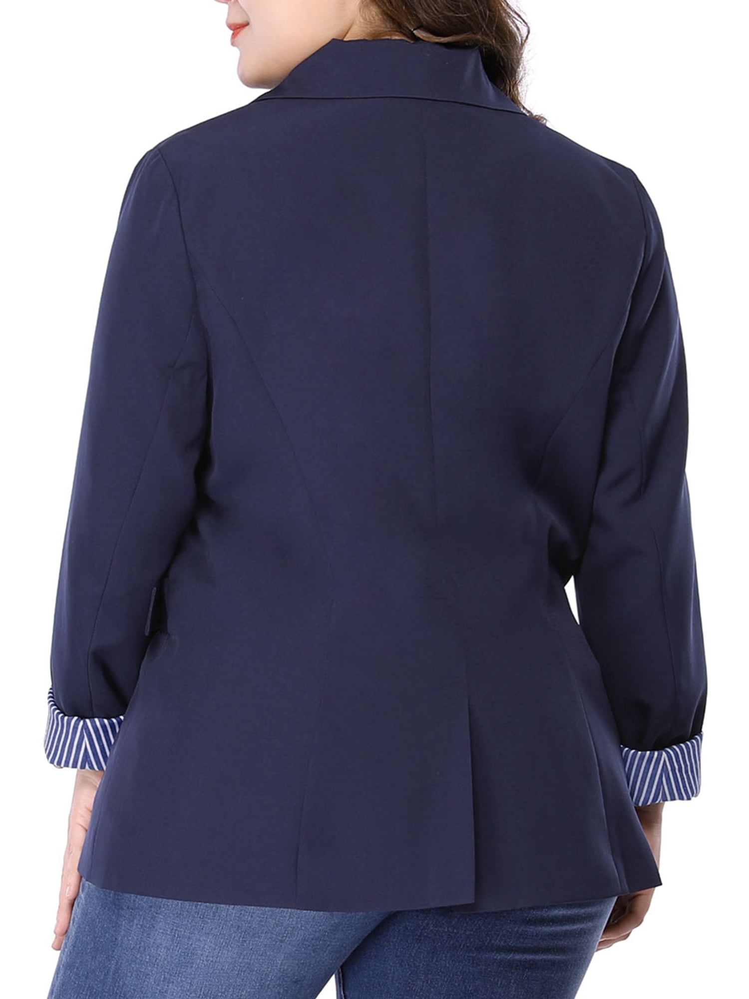 Unique Bargains Women's Plus Size Stripe Cuff Notched Lapel Casual Blazer