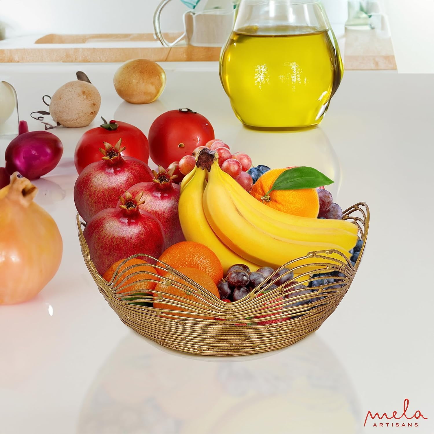 Mela Artisans Gold Wire Fruit Basket Kitchen Counter - Medium, Gurez Valley Design , Decorative Round Wire Basket , Modern Metal Vegetable & Fruit Bowl , Cute Farmhouse Table Decor , 9 x 4 x 4