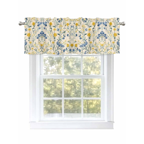 Seasonal Botanical Blooms Curtain Valances for Windows, Blue Yellow Flowers Kitchen Valance Window Treatment, Light Filtering Block Curtains for Bathroom/Bedroom/Living Room 42'' x 18''