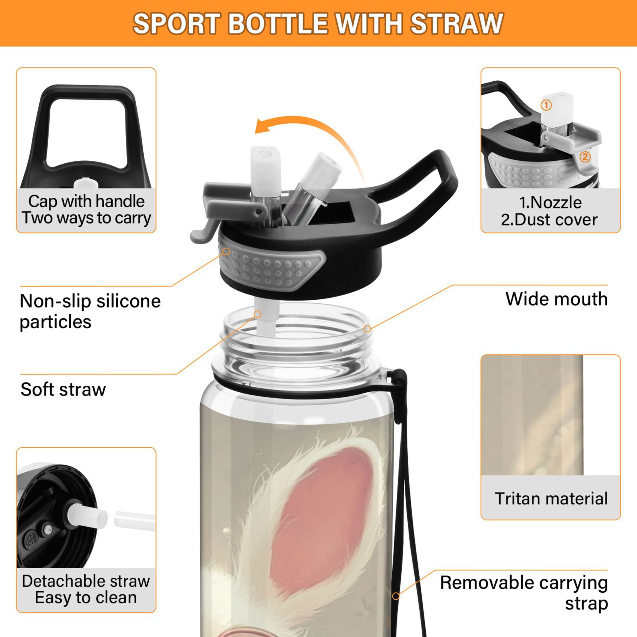 Sports Water Bottle 1000ML Tritan Food Grade Clear Water Bottle Fitness Outdoor Sports Bike Cartoon Rabbit with Glasses