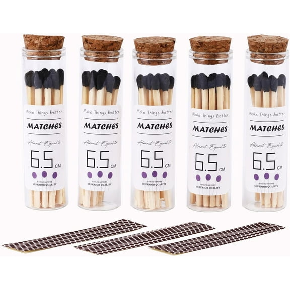 2.55"/6.5cm Black Matches Included with Match Holder (5 Pcs), 5 Count Match Bottles with Candle Matches in a Jar, Long Fireplace for Grill Fireplace BBQ, Long Wooden Matchsticks for Custimize Event