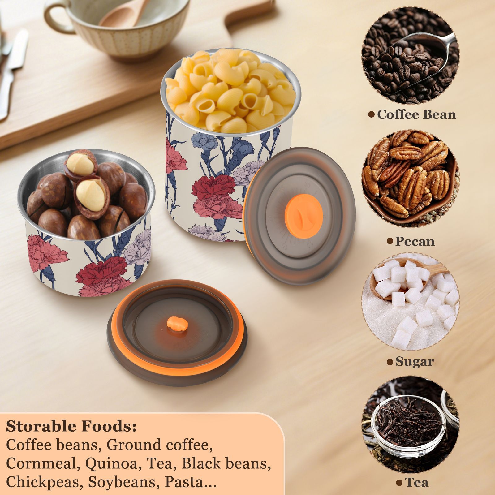 Carnation Flower Floral Airtight Coffee Bean Canister 30oz Food Storage Containers with Lids For Gournd, Tea, Sugar, Flour, Rice, Cereal, Candy Cookie Jar