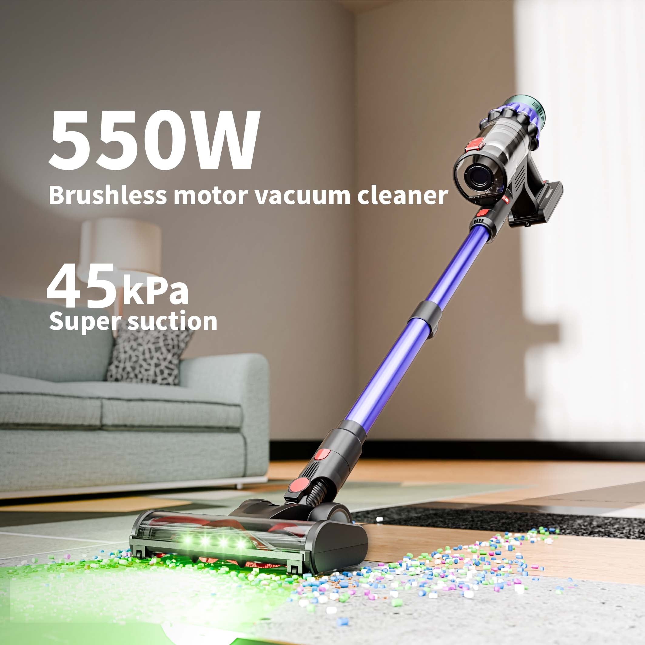 Cordless Vacuum Cleaner, 450W 45Kpa Stick Vacuum with Touch Screen, 55 Mins Runtime Rechargeable Vacuum, Lightweight Powerful Vacuum Cleaner for Home with 1.5L Cup for Pet Hair Carpet Hardwood Floor