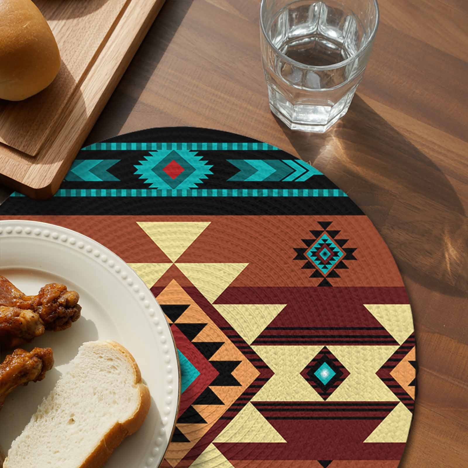 Turquoise Red Round 13 Inch Placemats Set of 4, Southwest American Native Abstract Pattern HeatResistant Non Slip Place Mats for Dining Table, Wipeable Braided Kitchen Table Mats for Housewarming