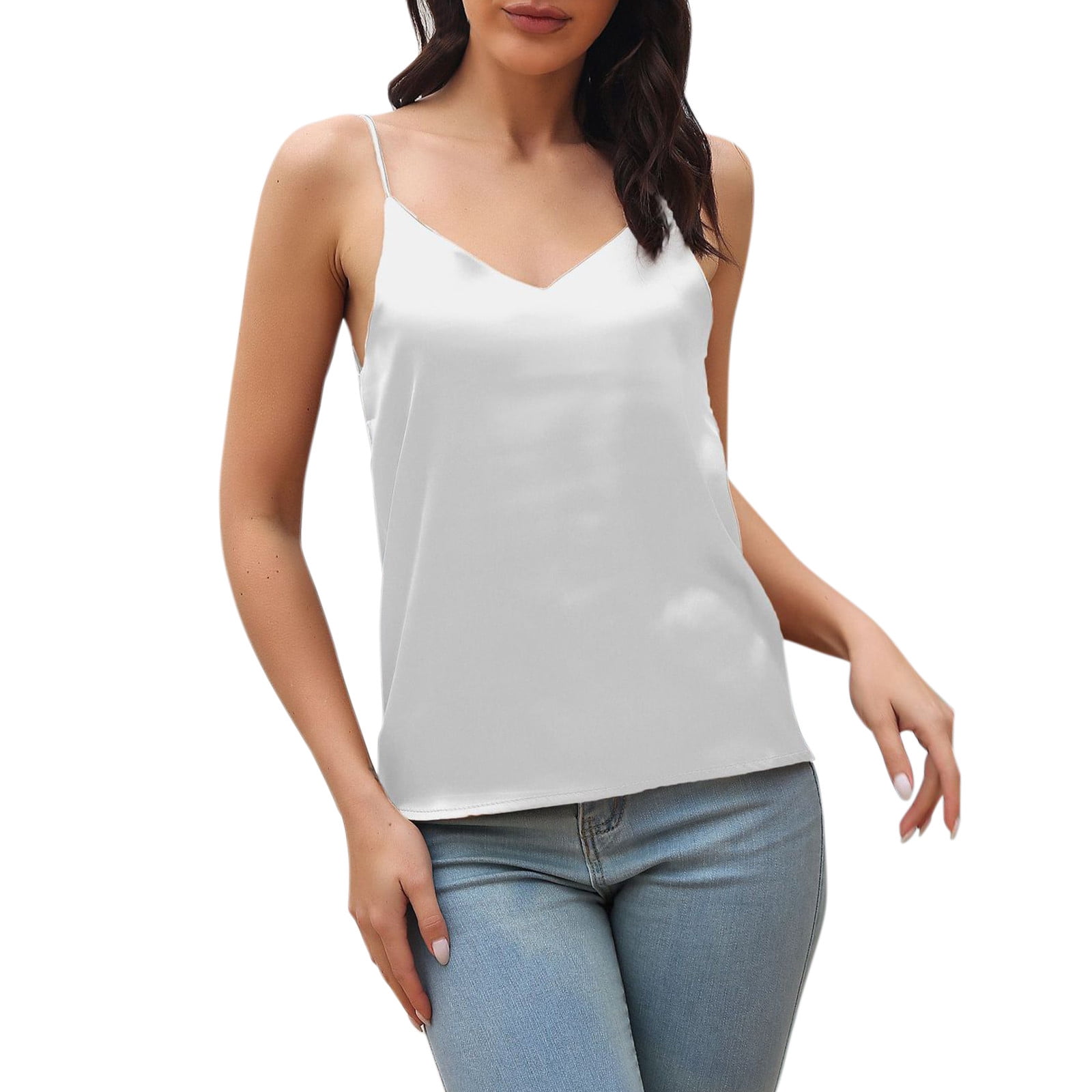 xingqing Women Spaghetti Strap Camisoles Low Cut Tight Sling Tank Tops  Summer Slim Fit Vests Ivory White M