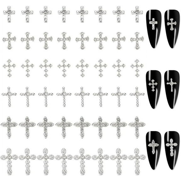 48Pcs 6 Styles Alloy Rhinestone Cabochons Nail Art Decoration Accessories Cross Silver 8~13x6~8.5x2~4mm 8pcs/style