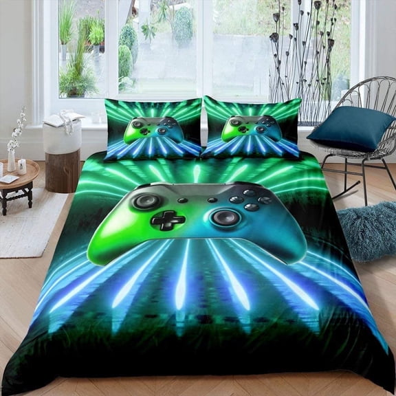 Erosebridal Green Blue Gamepad Bedding Set, Game Player Comforter Cover Full Size Modern Gamer Gaming Duvet Cover Neon Trippy Bedding Set Room Decor (No Comforter)