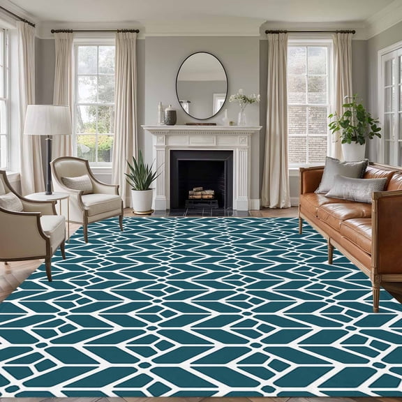 Geometric Area Rug 8x10 Washable Rug Non Slip Modern Abstract Lines Texture Teal Large Area Rug Soft Stainresistant Indoor Floor Carpet for Living Room Bedroom Home Office Dining Room Nursery