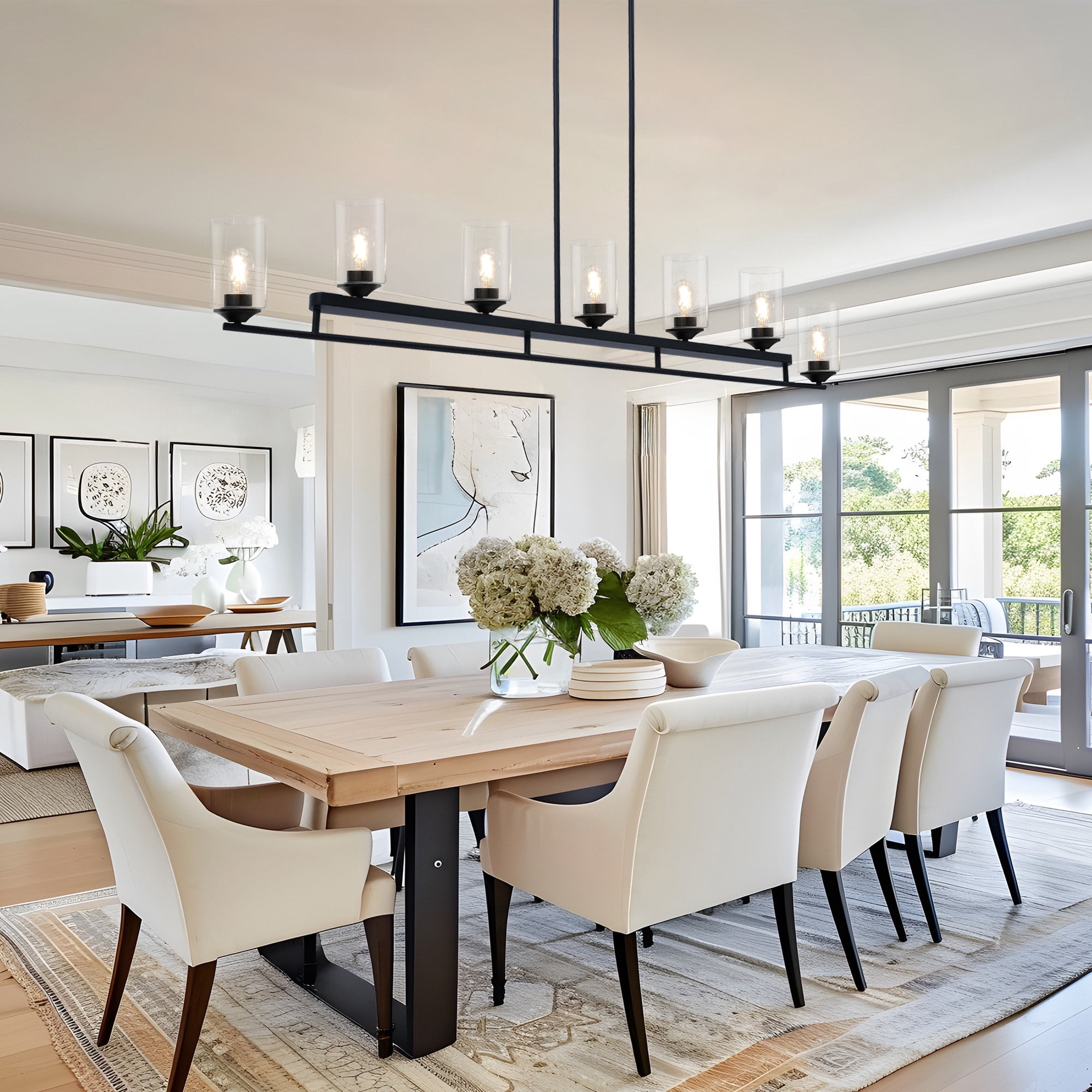 LNC 7-Light Matte Black Modern Linear Pendant with Clear Glass, Large Kitchen Island