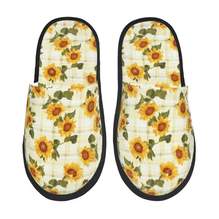 Balery Light Green Plaid Sunflower Slient Indoor Furry Fleece Comfort House Shoes Soft Non-Slip Home Shoes Cotton slippers House Slippers-- Large