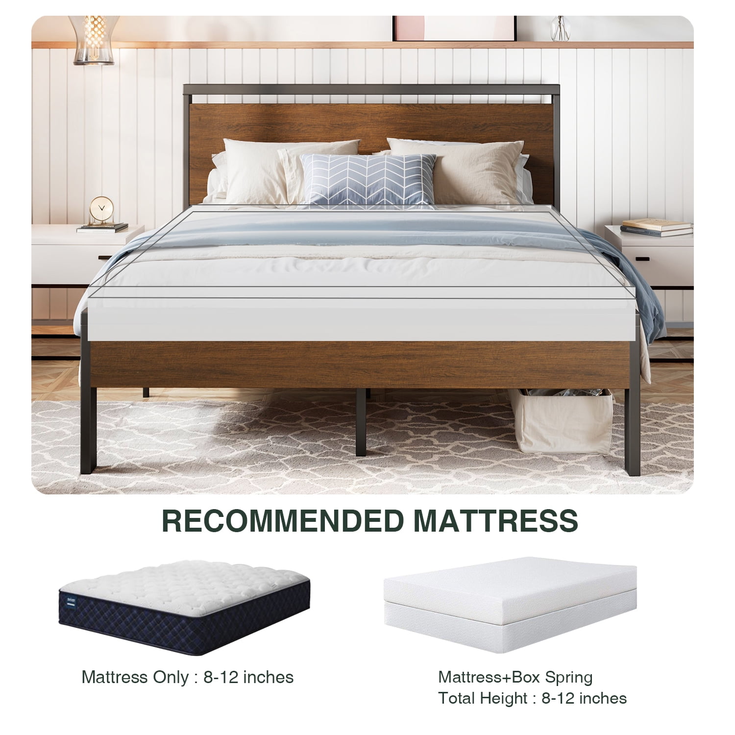 Amolife Full Size Bed Frame, Heavy Duty Metal Platform Bed with Wooden Headboard & Footboard, Walnut