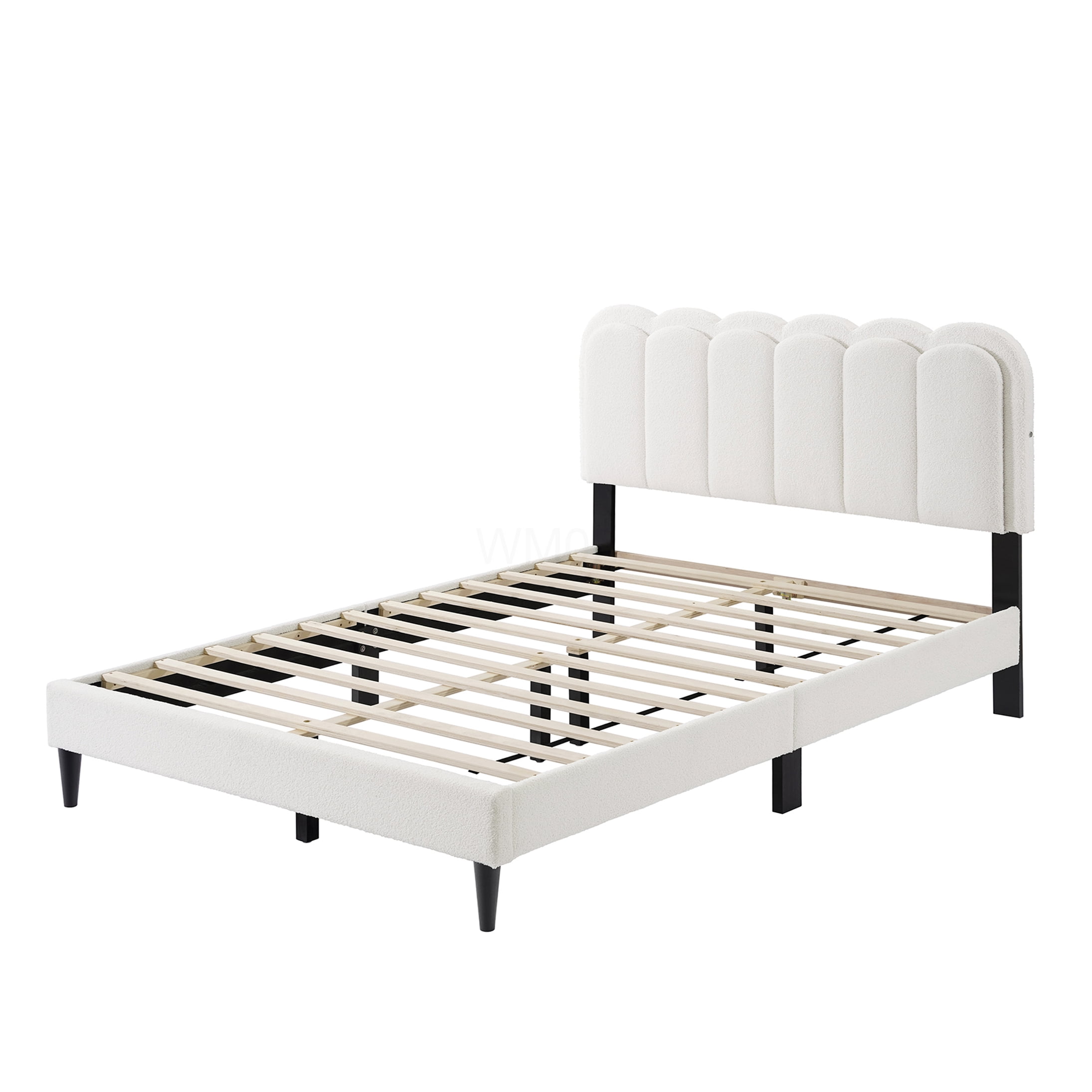 Queen Upholstered Bed Frame with LED Headboard and Storage, Modern Platform Bed with Soft Boucle Fabric, Noise Free, Wood Slat Support