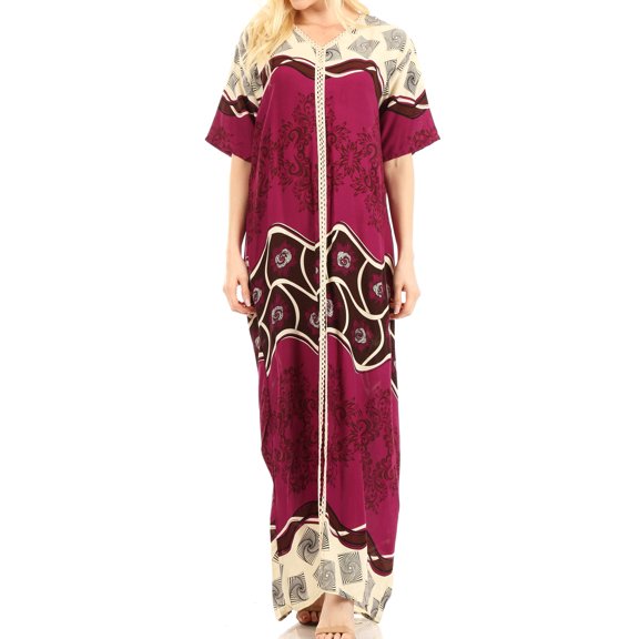Sakkas Sabra Womens Long Casual Cover-up Tunic Kaftan V neck Dress - Fuchsia - XXL
